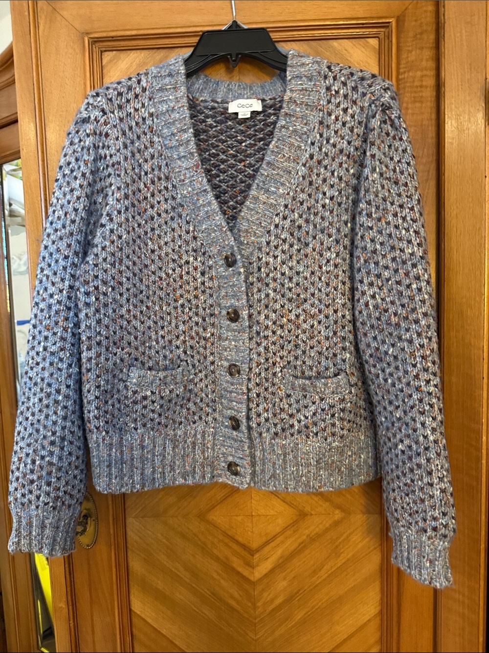 CeCe Blue Multi Knit Button-Front Cardigan Sweater